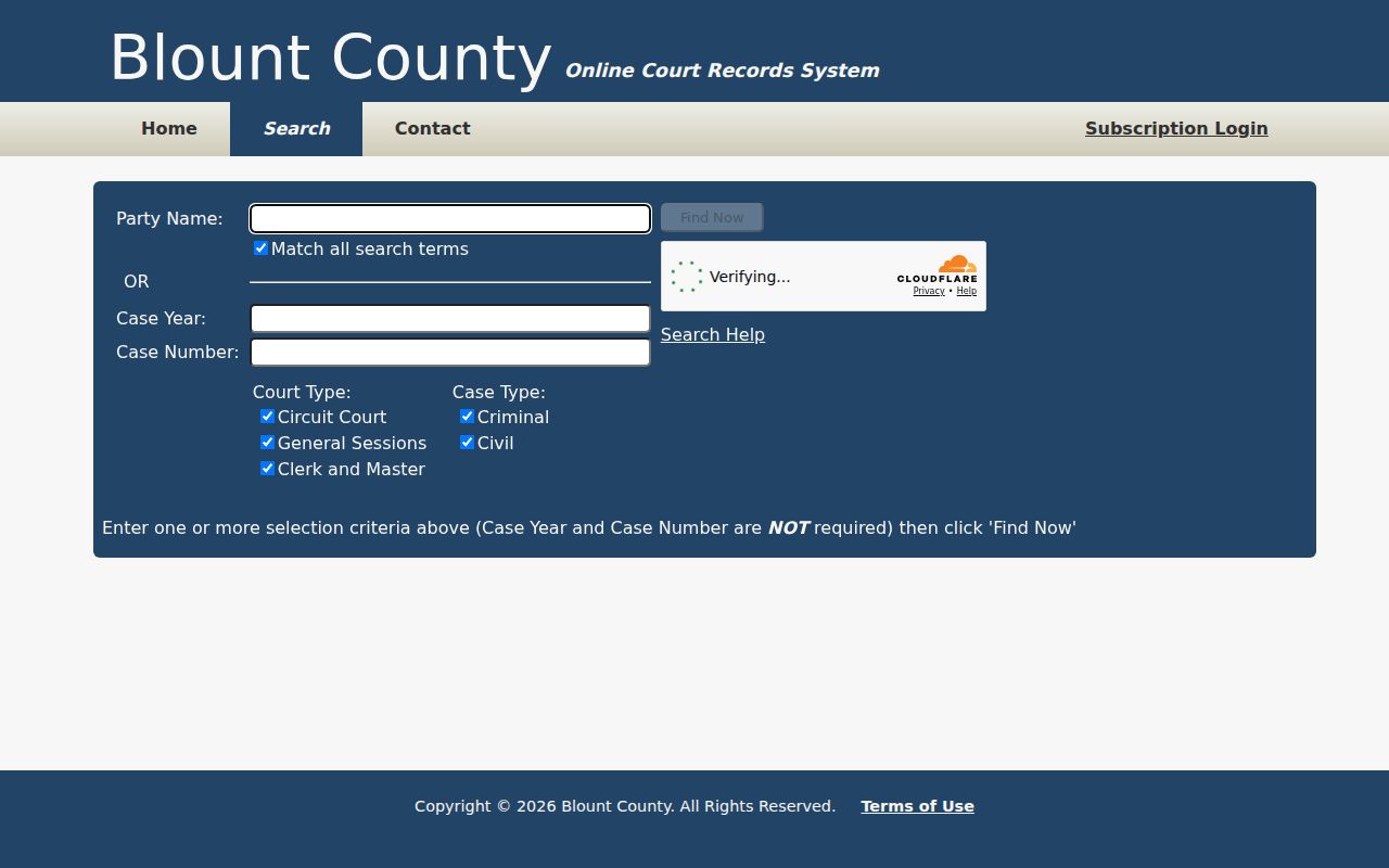 Blount County case search name and number fields