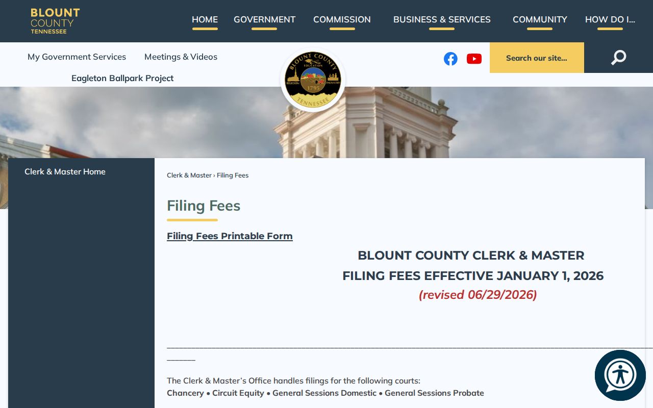 Blount County civil docket Clerk and Master filing fees
