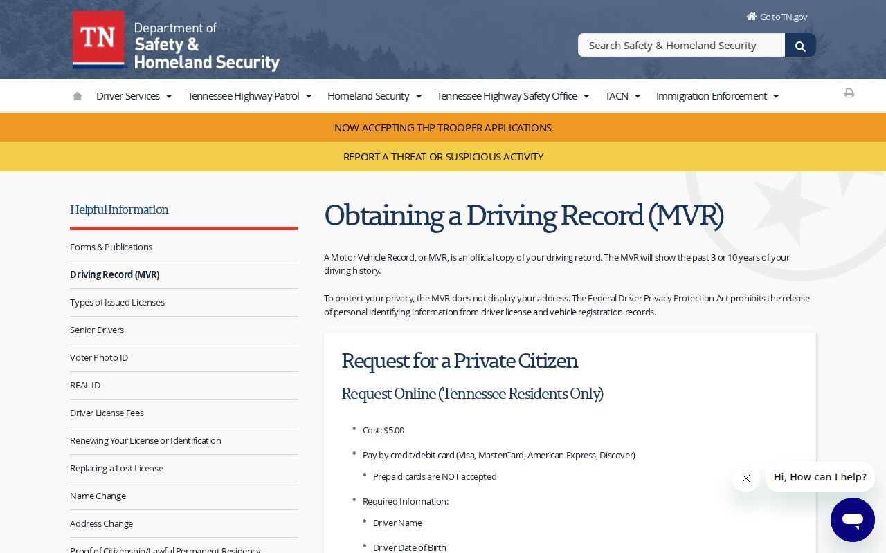 Blount County traffic court records and separate Tennessee MVR page