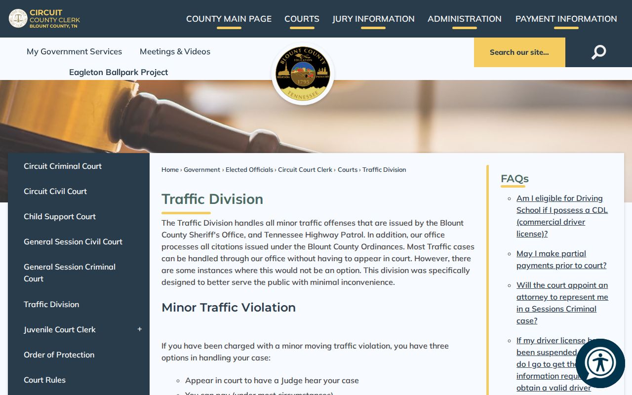 Blount County traffic court records Traffic Division instructions